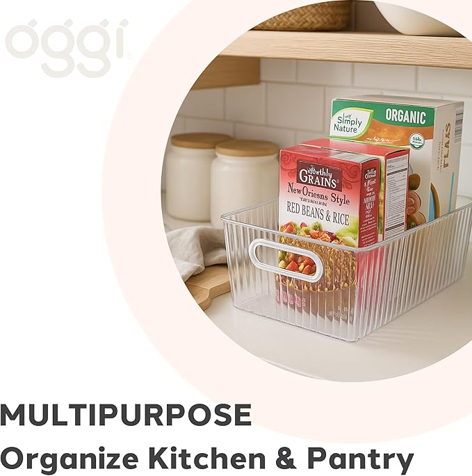 Oggi Clear Fluted Storage Bin with Handle - Durable Plastic Organizer for Fridge, Pantry, Cabinets & Countertop, Modern Farmhouse Style, Ideal for Kitchen Organization and Storage, 9.7" x 6.75"