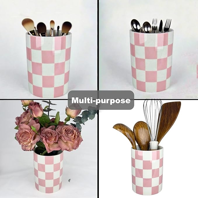 Checkered Utensil Holder, 4.13''x5.71 Utensils Caddy for Kitchen Counter, Medium Size Utensil Crock for Countertop, Utensils Organizer Storage for Parties Dining-Modern Pink and White