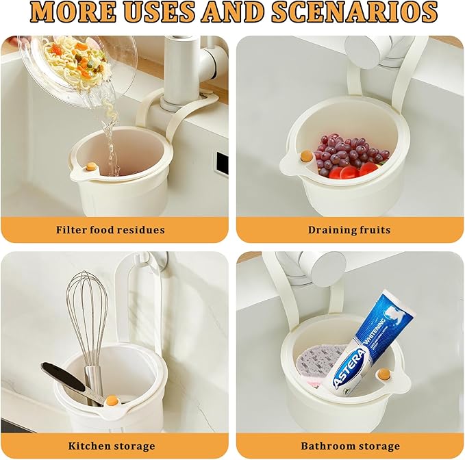 Sink Strainer Basket with One-Touch Drain Mesh, Snap-On Strap & Detachable Design – Kitchen Sink Food Scrap Filtering Storage Organizer (White)