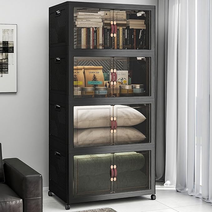 VNVTO 640Qt Stackable Storage Bins with Lids, 4 Pack Large Collapsible Bins with Wheels, Plastic Cabinet with Doors, Foldable Closet Organizers and Storage for Home, Dorm, Office, Black