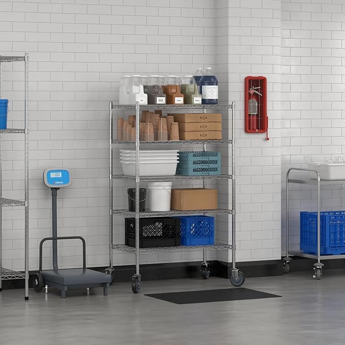 Commercial NSF Listed Chrome Mobile Wire Shelving Kit 21" x 36" x 60", with 5 Shelves Perfect for Warehouse, Walk-in Refrigerator, Freezer, Grocery Store, Restaurant, Dishroom