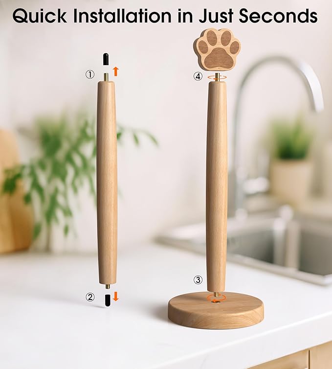 KitchLife Cute Wooden Paper Towel Holder Countertop - Solid Freestanding Paper Towel Dispenser Stand Organizer with Anti-Skid Base (Paw)