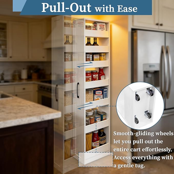 71'' Tall Slim Rolling Storage Cart on Wheels 7-Tier Next to Fridge 8 inch Wide Narrow Pull-out Skinny Spice Rack Side of Refrigerator Slide-out Shelf Pantry Cabinet for Kitchen, Laundry Room White