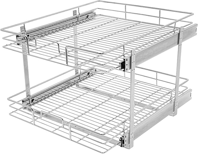 2 Tier Pull Out Cabinet Organizer 21 "W X 22 "D, Double Wire Basket Sliding Shelf, Pull Out Drawer for Kitchen Cabinets, Base Cabinet Organization for Kitchen, Bathroom, Pantry, Chrome (Silver)