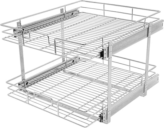 2 Tier Pull Out Cabinet Organizer 21 "W X 22 "D, Double Wire Basket Sliding Shelf, Pull Out Drawer for Kitchen Cabinets, Base Cabinet Organization for Kitchen, Bathroom, Pantry, Chrome (Silver)