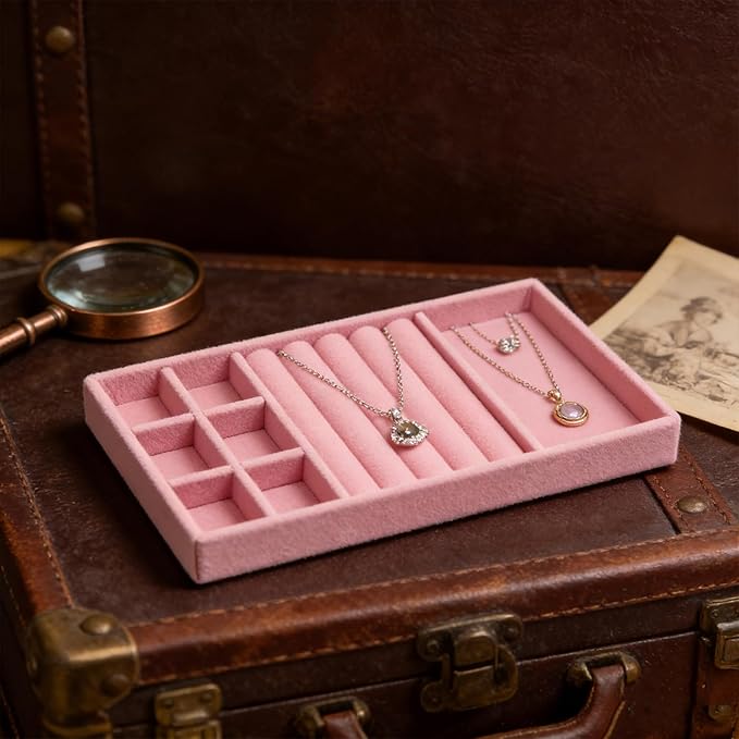 Velvet Jewelry Organizer Trays Pink Stackable Jewelry Storage Display Tray with Removable Dividers, 3-in-1