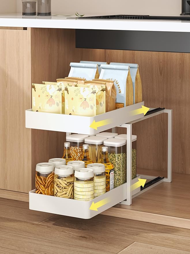 2 Tier Pull Out Cabinet Organizer with Sliding Basket Bathroom Cabinet Organizer, Bathroom Kitchen Multi-Purpose Under Sink Organizer and Storage Cabinet in Metal 1 pack