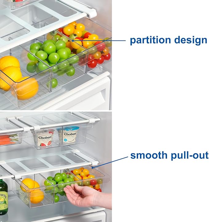 Bronkeeper Pull-Out Fridge Drawer Organizer - Under Shelf Storage Bins for Refrigerator Organization for Fruits Vegetables, Cheese & Deli (Tall & Narrow with dividers)