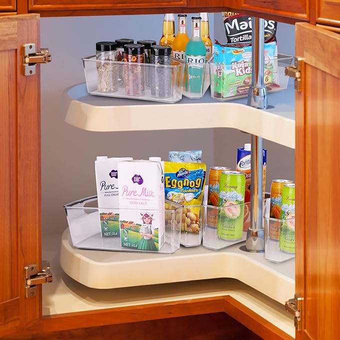 URALFA Lazy Susan Organizer Bins, Corner Cabinet Organizer, Plastic Corner Kitchen Cabinet Storage Bins Clear Transparent Lazy Susan Bins with Handle, 1/8 Wedge-4" Deep Container, BPA Free, 4 Pack