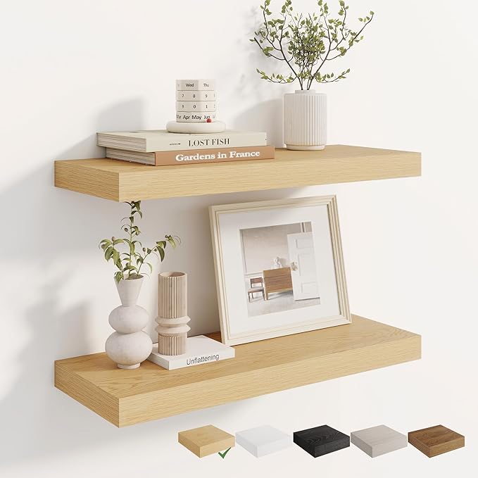 Dreamland 24 Inches Floating Shelves for Wall, 8" Deep Long Floating Shelves Set of 2, Large Display & Storage Shelf, Wall Shelf for Bathroom Bedroom Living Room Kitchen Office, Oak