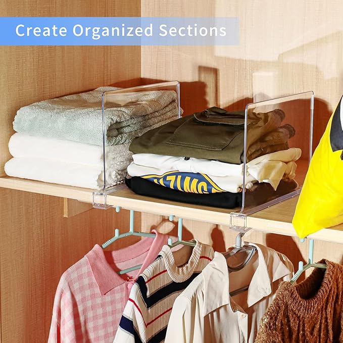 Adjustable Closet Shelf Dividers 8 Pack - Acrylic Vertical Organizer for Cabinets, Kitchen, Pantry (Clear)