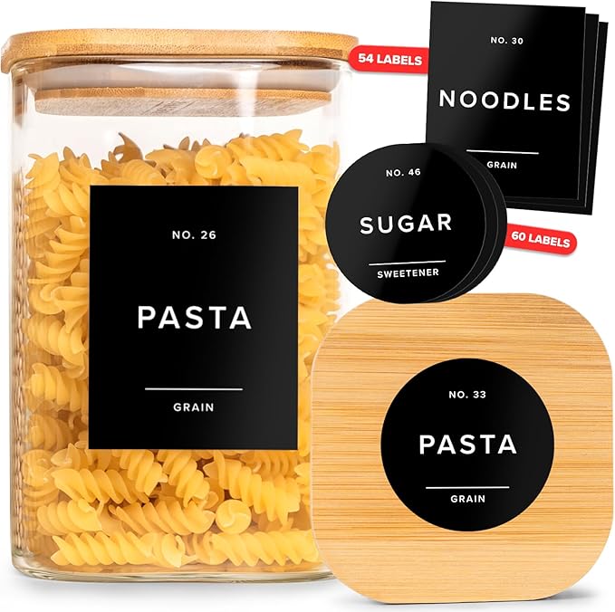 Minimalist Pantry Labels - 114 Self-Adhesive, Waterproof & Oil-Resistant Kitchen Labels for Organizing Storage Bins, Jars & Containers (Black)