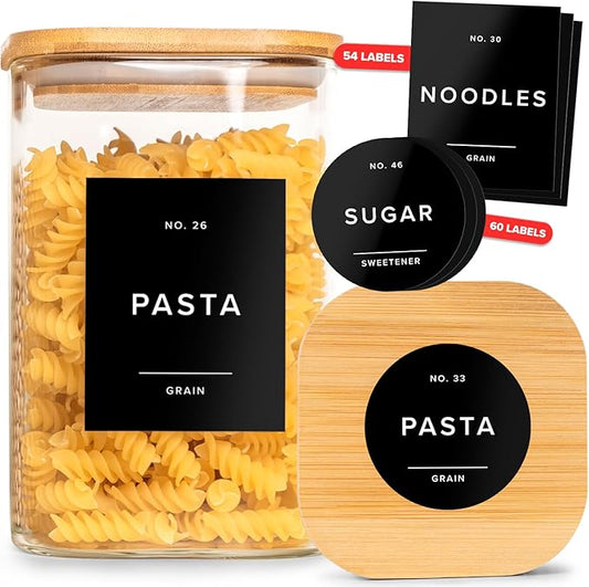 Minimalist Pantry Labels - 114 Self-Adhesive, Waterproof & Oil-Resistant Kitchen Labels for Organizing Storage Bins, Jars & Containers (Black)