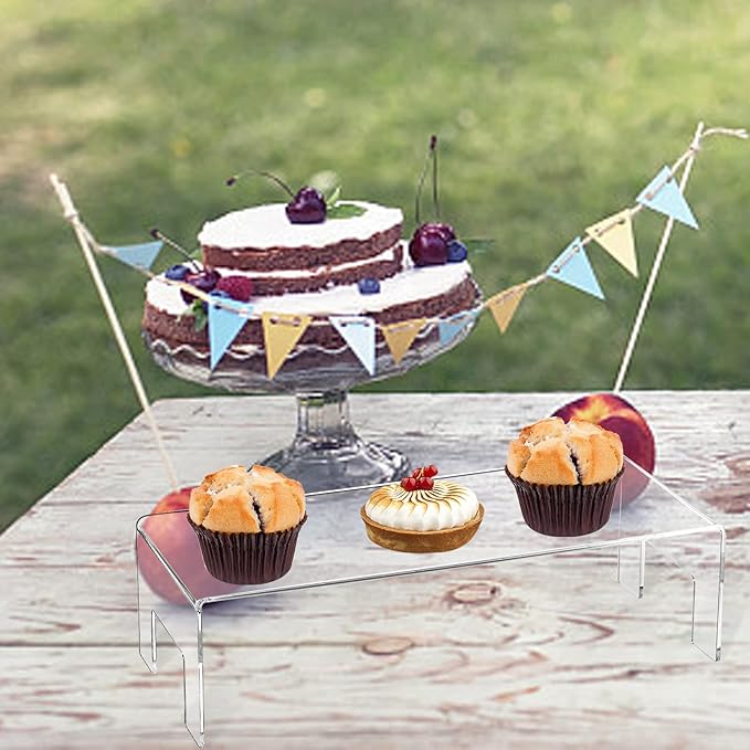 Frcctre 2 Pack Acrylic Display Risers, 5mm Thick Clear Small Display Risers Stand Acrylic Showcase Fixtures Shelf for Dessert Cupcake Figures Toys Cosmetics Perfume-12"x5"x3.3"