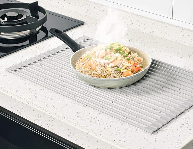 Surpahs Roll-Up Dish Drying Rack, Warm Gray, 20.5" x 13.1", Fits Sinks up to 19.5" Wide, Silicone-Coated Stainless Steel