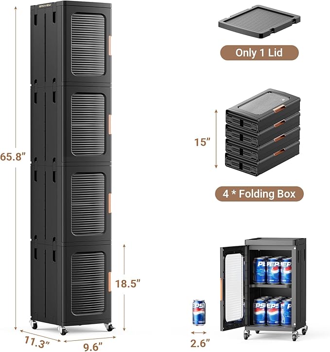 BROVIEW 4-Tier Tall Narrow Storage Cabinet Organizer, Slim Bathroom Cabinets with Adjustable Shelves and Doors, Plastic Kitchen Pantry Organizers and Storages for Small Space, Laundry, Black