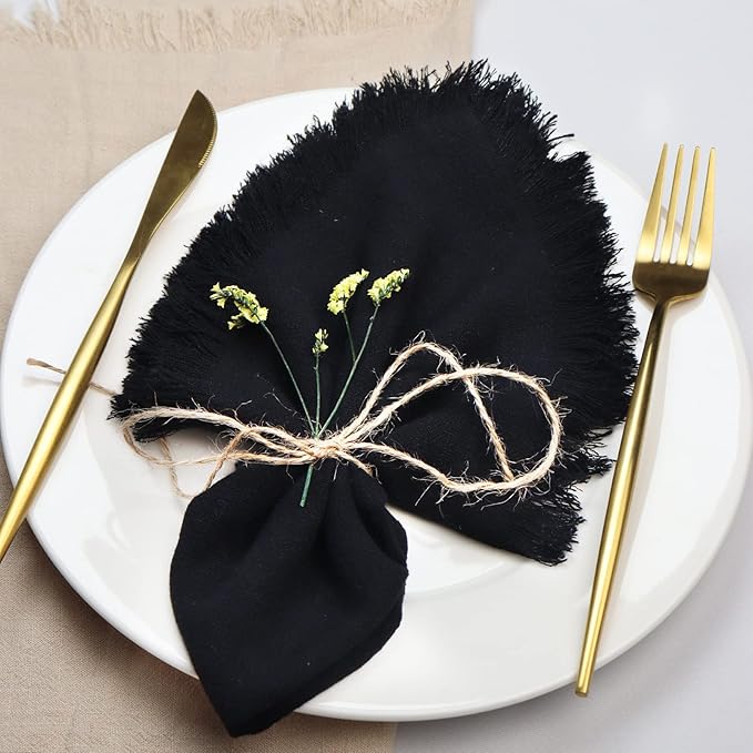 Handmade Cloth Napkins with Fringe,18 x 18 Inches Cotton Linen Napkins Set of 12 Versatile Handmade Square Rustic Fringe Napkins for Dinner, Wedding and Parties, Black