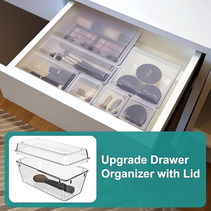 14 Pcs Drawer Organizer for Makeup/Office Supplies/Vanity/Desk Drawer Organizers, Acrylic Organizers, Shallow Drawer Organizers with Lid Design