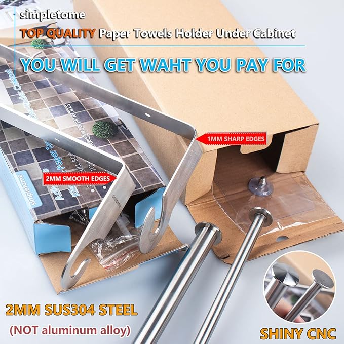 simpletome Kitchen Paper Towels Holder Under Cabinet Adhesive or Drilling Installation Brushed SUS304 Stainless Steel (Silver)