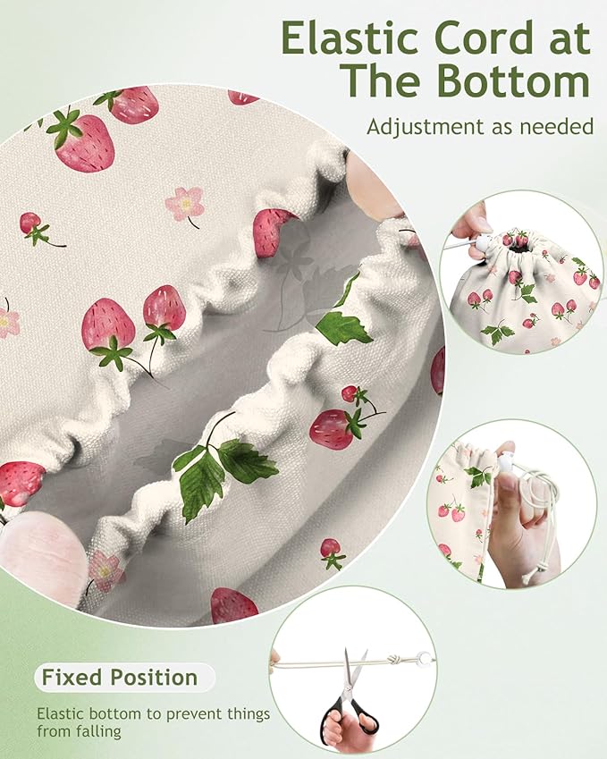 Plastic Bag Holder Organizer - 1 Pack Reusable Canvas Grocery Bags Holder Hanging Wall Cute Aesthetic Shopping Bag Storage Dispenser with Drawstring Closure for Kitchen Home, Strawberry