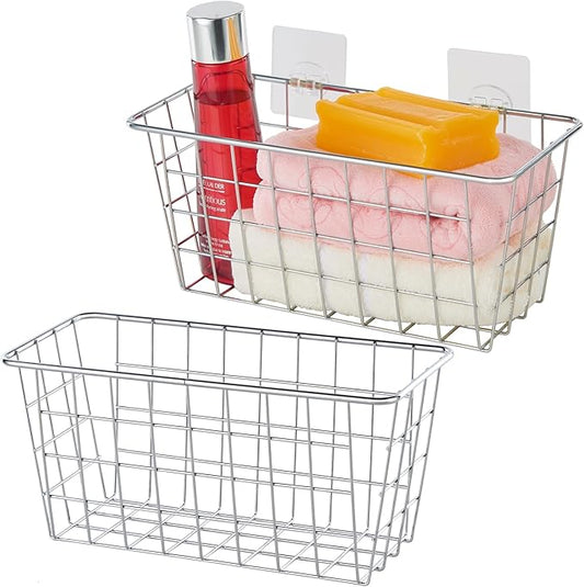 JUNCHU CHERRY 2 Pack Hanging Storage Basket, Bathroom Basket, Household Goods, with Traceless Tape, no Drilling, for Cabinet Storage, Kitchen, Bathroom, Storage Room,Chrome