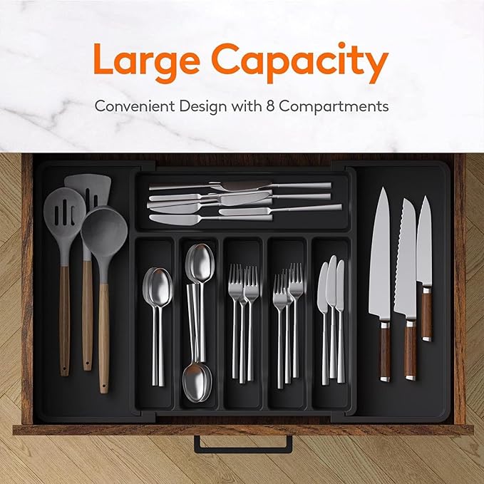 1Pcs Large Expandable Silverware Organizer - BPA Free Plastic Adjustable Utensil Tray, Large Utensil/Kitchen Drawer Cutlery Holder for Forks, Knives, Spoons & Flatware, Multipurpose Storage