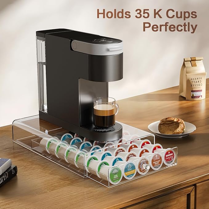 Crystal Clear Acrylic K Cup Organizer Coffee Pod Storage Box, 35 Pods Coffee Pods and Tea Organizer Holder, K Pod Drawer Coffee Maker Stand, Organizador De Cafe, Kcup Drawer Organizer Under Brewer