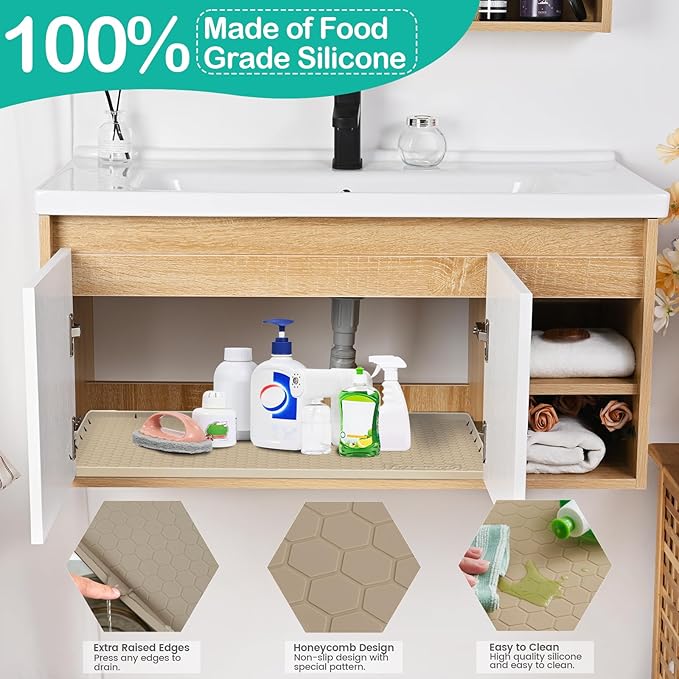 FORWOS Waterproof Under Sink Mat 28" x 22", Silicone Cabinet Liner, Rubber Protector for Kitchen and Bathroom, Keeps Cabinets Clean, Dry, and Organized (Beige)