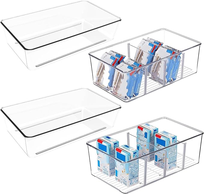 Set of 4 Clear Fridge Organizer Bins,2 Pack Stackable Refrigerator Organizer And 2 Pack Pantry Organizers and Storage with 3 Dividers,BPA-Free Spice Organization for Kitchen Cabinet