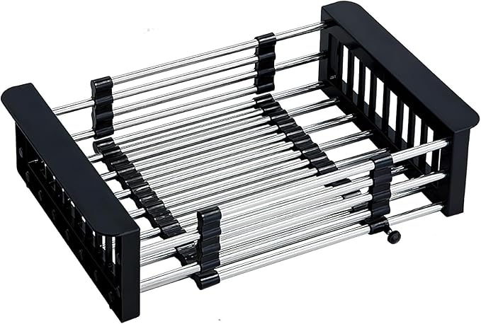 Expandable Dish Drying Rack Over The Sink, Stainless Steel Drainer Basket with Adjustable Arms for Dishes, Vegetable and Fruit (Black)