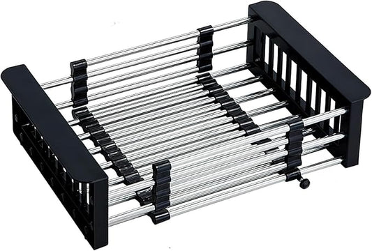 Expandable Dish Drying Rack Over The Sink, Stainless Steel Drainer Basket with Adjustable Arms for Dishes, Vegetable and Fruit (Black)