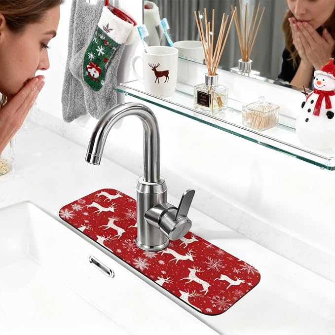 Sink Faucet Mat Deer Snowflakes Kitchen Splash Guard Absorbent Bathroom Sink Mat Around Faucet 15" x 5.5" Drying Mats Stone Draining Mat