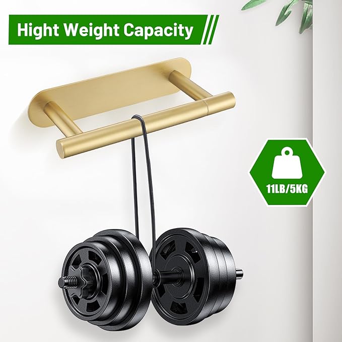2 Pieces Self Adhesive Brushed Gold Toilet Paper Holder, Commercial Toilet Paper Dispenser Toilet Roll Holder, Double Base Paper Towel Holder Wall Mount No Drilling for Bathroom, Kitchen
