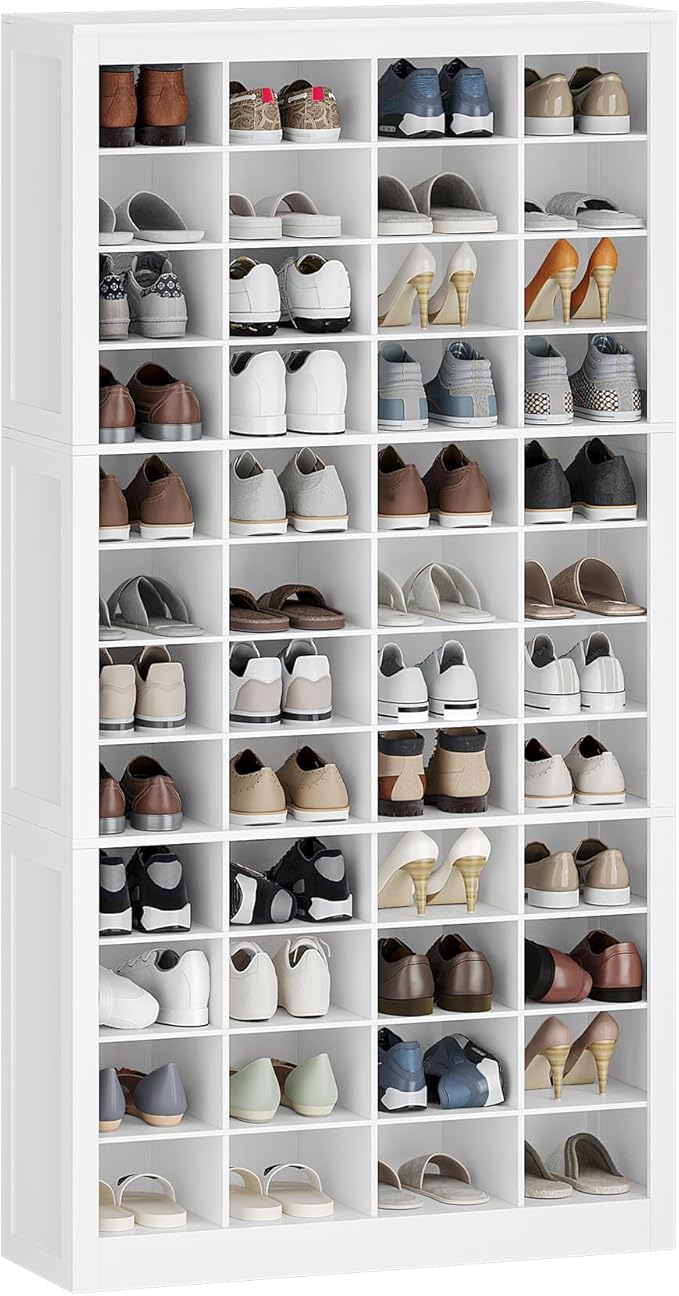 Shoe Storage Cabinet, 48 Pairs Free Standing Closet Organizer, 9 inch Widened Cell Wood Shoe Organizer, 12 Tiers Vertical Space Saving Shoe Rack for Entryway, Cloakroom, White SR39603X