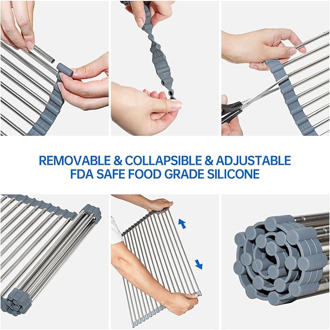 Expandable Large Roll Up Dish Drying Rack 18 Tube 21.25x12.79''Collapsible Over The Sink Rack Non-Slip Silicone Rolling Dish Drainer Stainless Steel Roll Rack for Kitchen Sink Counter (Gray)