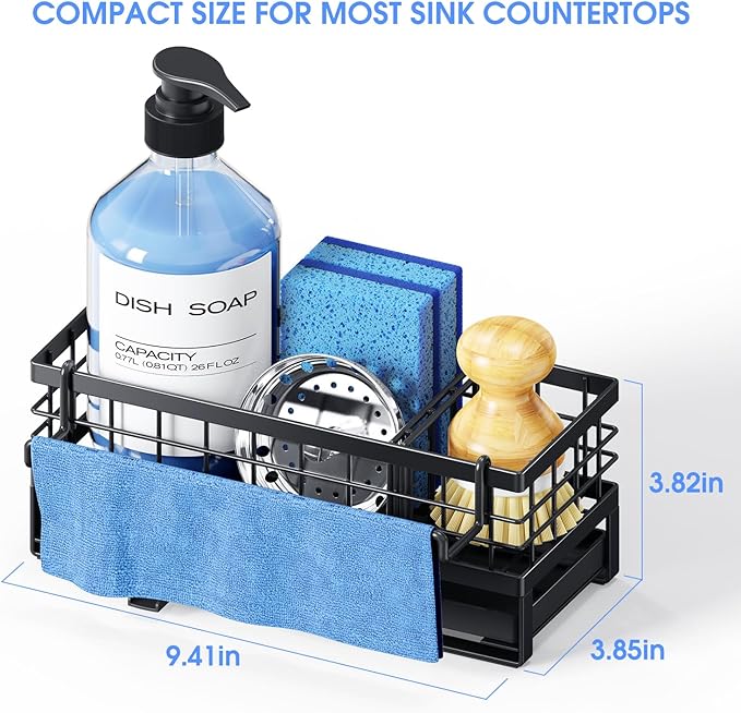 Kitchen Sink Sponge Holder - Self-Draining, Detachable Dish Cloth Holder, Rustproof Kitchen Countertop Organizer, Black
