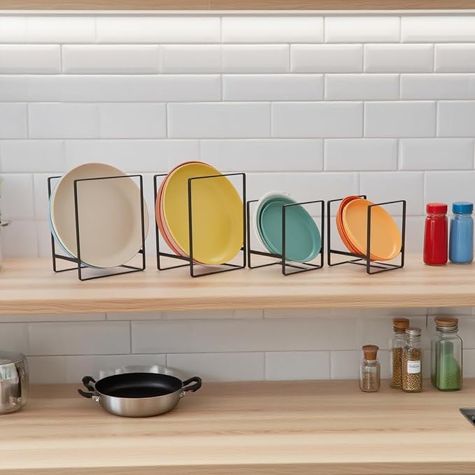 CEYAZYE 4 Pack Plate Holder Organizer for Cabinet Space Saver, Metal Dinner Dish Storage Rack, 2 Sizes Kitchen Storage Display for Plates, Pots, Pans, Cutting Boards, Black