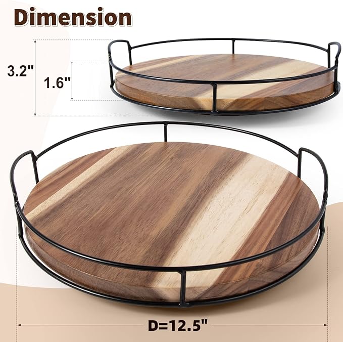 Acacia Wood Lazy Susan with Handles, 12.5" Organizer Turntable, Steel Sided, 360 Degree for Countertop or Dining Table (Black)