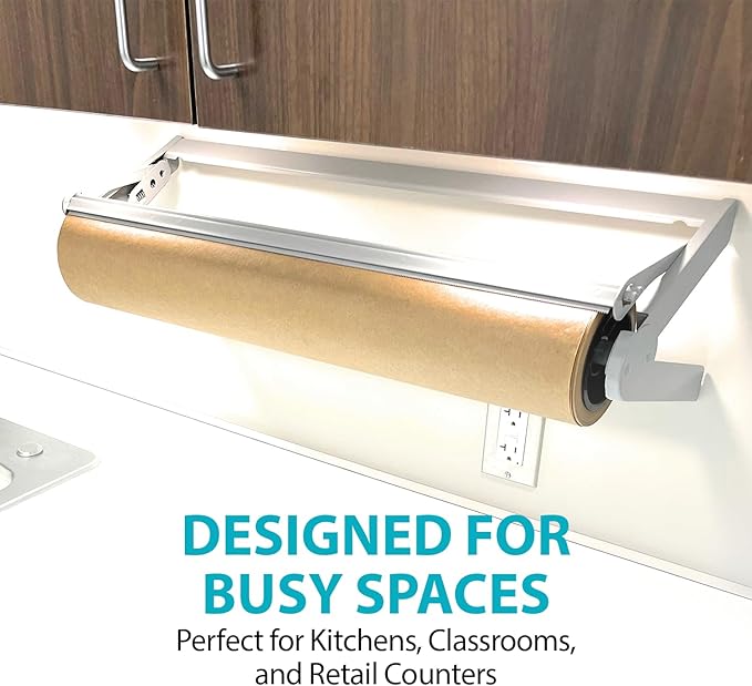 18" Wide Roll Paper Dispenser with Cutter – Wall Mounted Roll Dispenser with Serrated Cutter – Fits Craft, Freezer, Wrapping, Butcher Paper Roll or Cling Film – Heavy-Duty, Grey