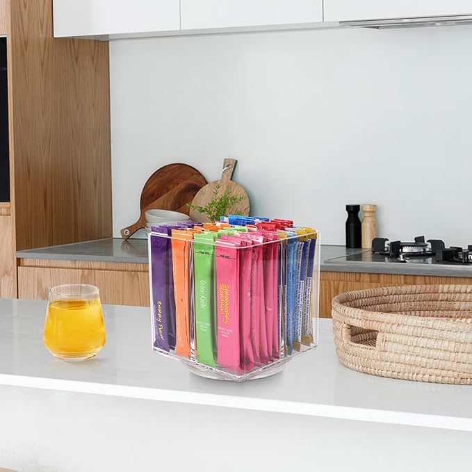 Drink Packet Organizer For Powdered Drink Mix,Powder Packet,Water Packet,Water Flavor Packet,Lazy Susan Organizer for Drink Mix Rotating Holder for Drink Mix Necessities（Square）
