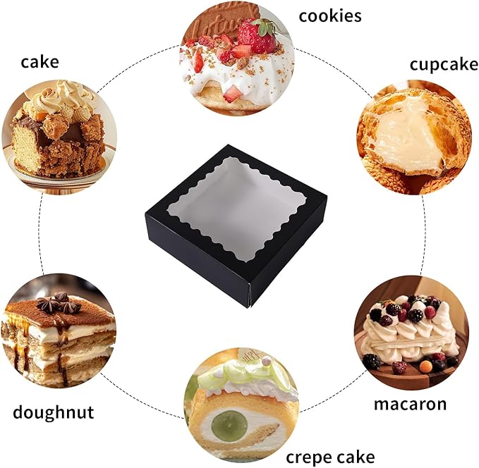 36 pcs 10x10x2.5 Inches Cake Box with Window, Bakery Pastry Cookie Boxes, Mini Pie for Pastry,Dessert,Strawberries,Chocolates (Black, 10x10x2.5inch/36pcs)