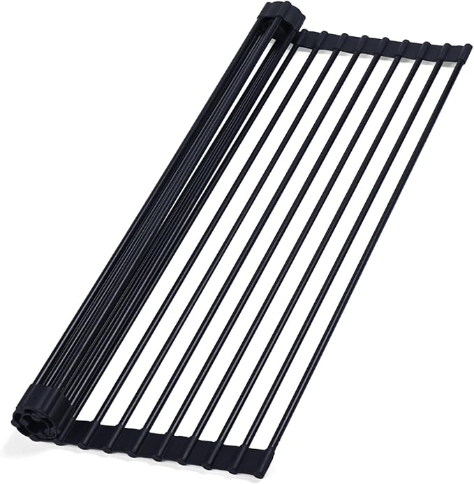 Roll Up Dish Drying Rack Over The Sink, Silicone Wrapped Stainless Steel Dish Drainer, Anti-Slip, Heat-Resistant, Multipurpose for Kitchen, 20.5”L×13”W Black