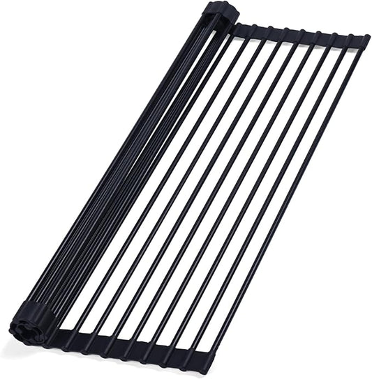 Roll Up Dish Drying Rack Over The Sink, Silicone Wrapped Stainless Steel Dish Drainer, Anti-Slip, Heat-Resistant, Multipurpose for Kitchen, 20.5”L×13”W Black