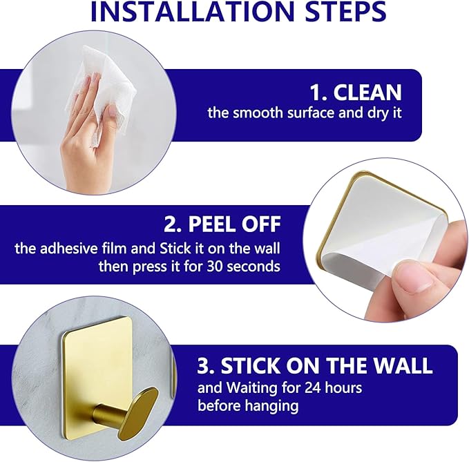 GARGIER Gold Adhesive Hooks for Wall Hanging - Fit for Coat Door Towel Hooks for Bathrooms Decorative Kitchen Shower Glass Wall 304 Stainless Steel Robe &Towel Hooks Brushed Gold 4 Packs