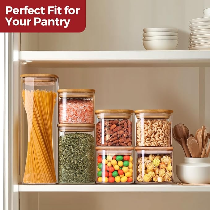 Glass Storage Jars with Bamboo Lid,Airtight Kitchen Canisters for Baking, Food Jar Container for Spices Cookie Tea Coffee Beans Snacks (4 pack 0.6qt)