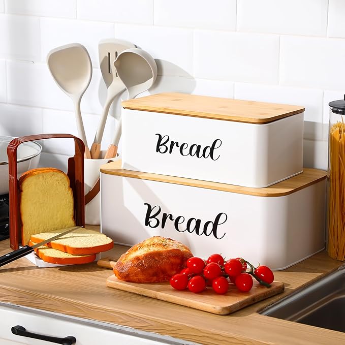 2 Pcs Extra Large Bread Box with Slicer, Metal Farmhouse Bread Storage Container with Bamboo Cutting Board Lids Multi-size Breadbox Set for Kitchen Countertop (White)