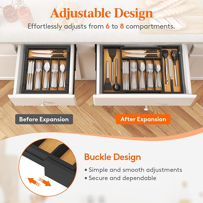 Lifewit Silverware Drawer Organizer, Expandable Utensil Tray for Kitchen, Bamboo Flatware and Cutlery Holder, Wood Adjustable Storage for Spoons Forks Knives, 13-22x15"/ 33 -56x38cm, Natural and Black