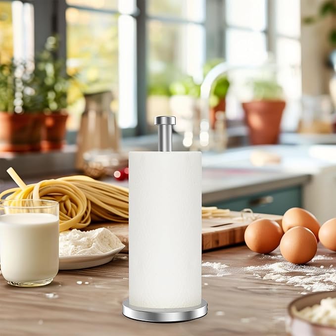 Paper Towel Holder, Standing Paper Towel Roll Holder for Kitchen Bathroom, Steady Paper Towel Holder Countertop with Solid Weighted Base, Stainless Steel Paper Towel Holders (Silver)