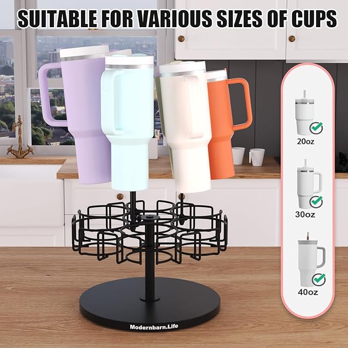 Water Bottle Organizer for Cabinet or Counter - Rotating Non-Slip Tumbler Organizer Holder for Stanley 40 Oz Cup with Handle - 2-In-1 Tumbler Display Storage Rack & Water Bottle Drying Rack - Black