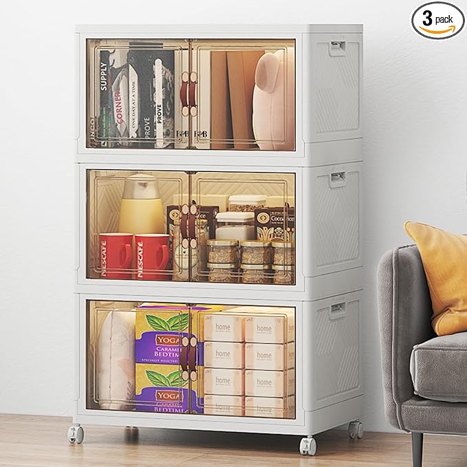 VNVTO Stackable Storage Bins with Lids, Large Collapsible Storage Bins with Wheels, Plastic Cabinet with Doors, Foldable Closet Organizers for Home, Dorm, Office (White-55QT, 3Pack with 1Top Lid)